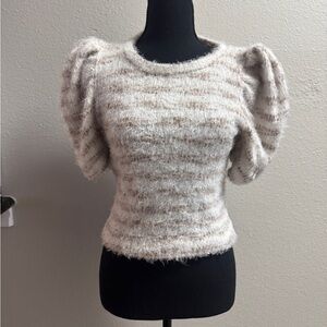 ILLA ILLA Fuzzy Puff Sleeve Knit Top – Neutral Stripe – S/M